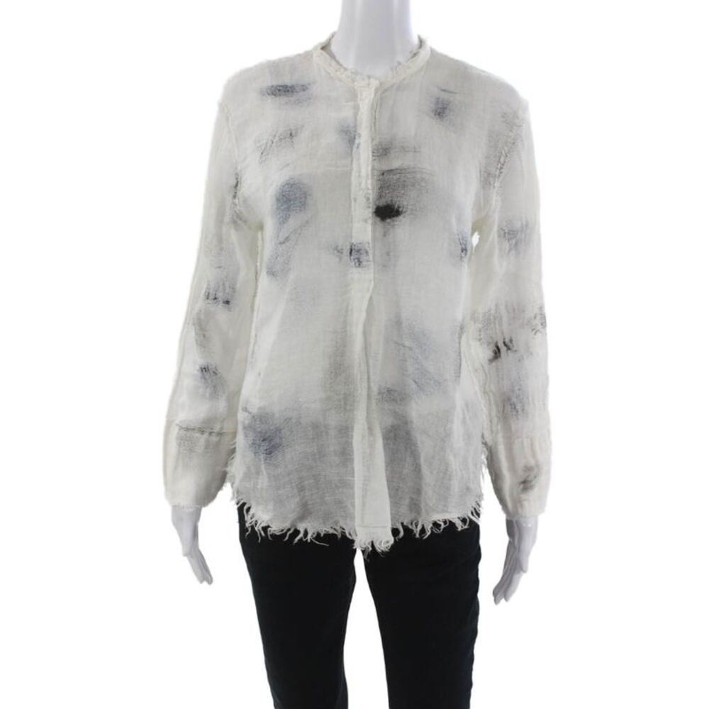 Jaga Womens White Linen Collared Button Geometric Long Sleeve Blouse Size 4